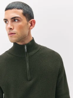 Next Vert kaki - Uni - Pull N.Premium Coupe classique en Coton riche à Texture haut de gamme à col zippé