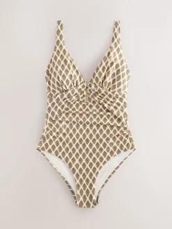 Next Vert kaki/Cream Woodblock à la feuille d'aluminium - Maillot de bain Urim Tummy Control à décolleté plongeant Discount