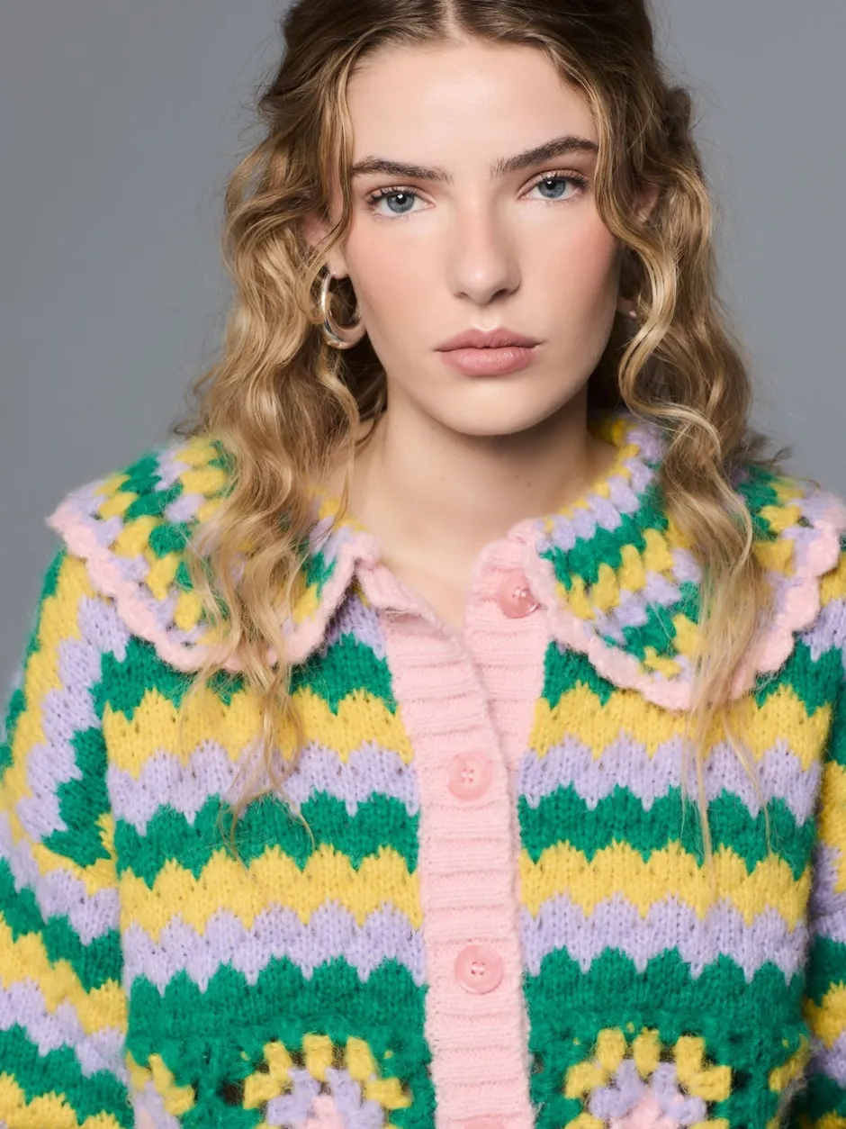 Next Vert Multicolore Patch - Cardigan à col crocheté à la main Online