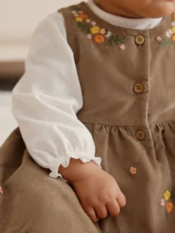 Next - Ensemble body et collants à manches longues en velours côtelé pour bébé (0mois-2ans) Vert olive brodé