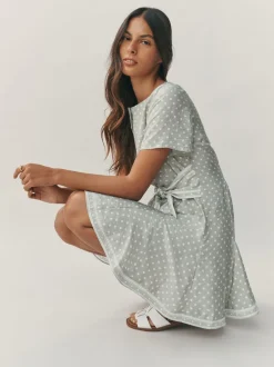 Next Vert sauge à pois - Robe mini-robe à taille nouée Outlet