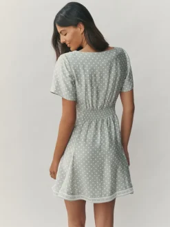 Next Vert sauge à pois - Robe mini-robe à taille nouée Outlet