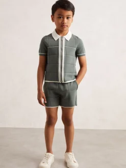 Reiss Vert sauge foncé - Short Barbor en maille à surpiqûres Discount