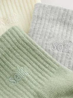 self. Vert sauge/Crème/Gris - soi-même. Lot de 3 paires de chaussettes raccourcies à logo brodé à la cheville Sale