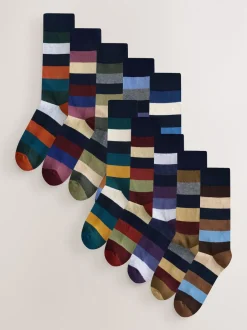 Next Vert/bleu/gris - Lot de 10 paires de chaussettes confortables rayées à semelle rembourrée Clearance