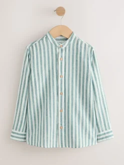 Next - Chemise à manches longues Grandad Collar Lin Mix (3-16yrs) Vert/Écru Rayure Outlet