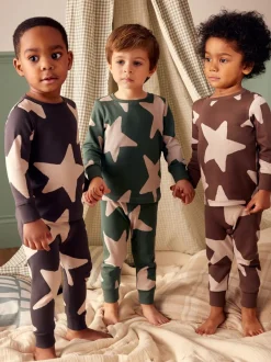 Next Vert/Ecru/Marron Étoiles - Lot de 3 pyjamas Snuggle (9mois-10ans)