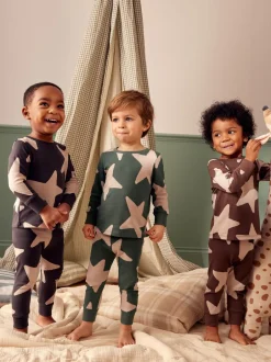 Next Vert/Ecru/Marron Étoiles - Lot de 3 pyjamas Snuggle (9mois-10ans)