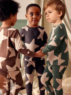 Next Vert/Ecru/Marron Étoiles - Lot de 3 pyjamas Snuggle (9mois-10ans)