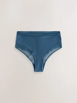 Next Vert/marine/bleu marine imprimé - Mesh Trim Taille haute High Leg Knickers 3 Lot New