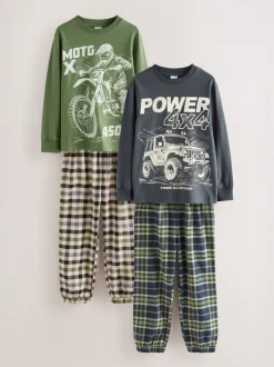 Next - Lot de 2 pyjamas en tissu à carreaux à manches longues (3-16ans) Véhicule bleu/vert Discount