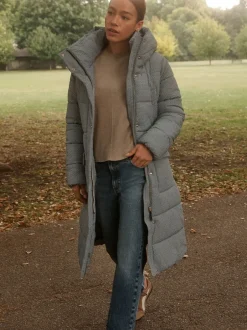 Next - Manteau long matelassé à capuche résistant à la douche Vichy bleu Online