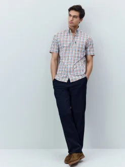 Next - Chemise Oxford Easy Iron boutonnée à manches courtes Vichy bleu/rouge New