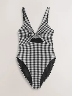 Next Vichy froissé noir/blanc - Maillot de bain à décolleté plongeant et découpes Discount