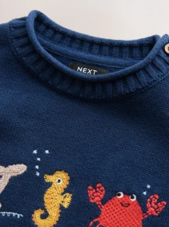 Next - Personnage Pull Col rond en maille (3mois-7ans) Vie marine bleu marine