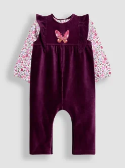 Jojo Maman Bébé Violet à motif papillons - Ensemble salopette et haut en velours appliqué