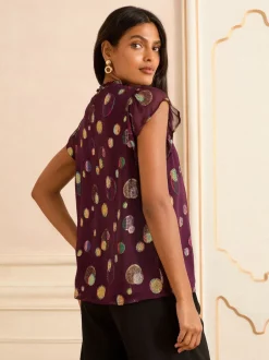 Love & Roses Violet à pois - haut métallisé à col ras du cou Hot