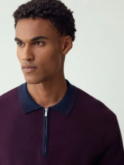 Next - Col zippé - Polo N.premium en maille à manches longues haut de gamme à manches longues Violet/bleu marine Clearance