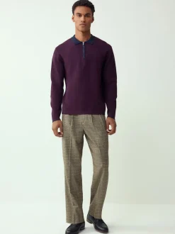 Next - Col zippé - Polo N.premium en maille à manches longues haut de gamme à manches longues Violet/bleu marine Clearance