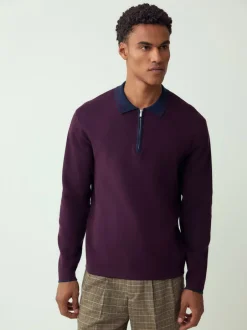Next - Col zippé - Polo N.premium en maille à manches longues haut de gamme à manches longues Violet/bleu marine Clearance
